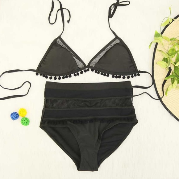 Sexy Boho High Waist Pom Mesh Triangle Bikini - Picture 2 of 4